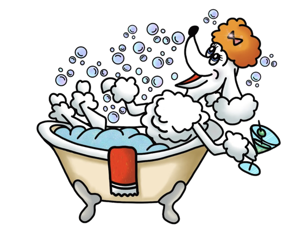 Arf'n Annie's Pet Grooming — cartoon poodle enjoying a bubble bath